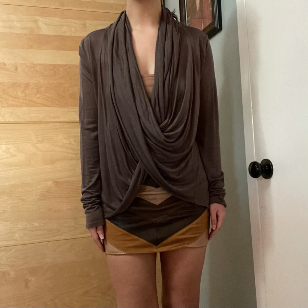 Draped Cowl Neck Wrap around Long Sleeve Charcoal Gray Top
